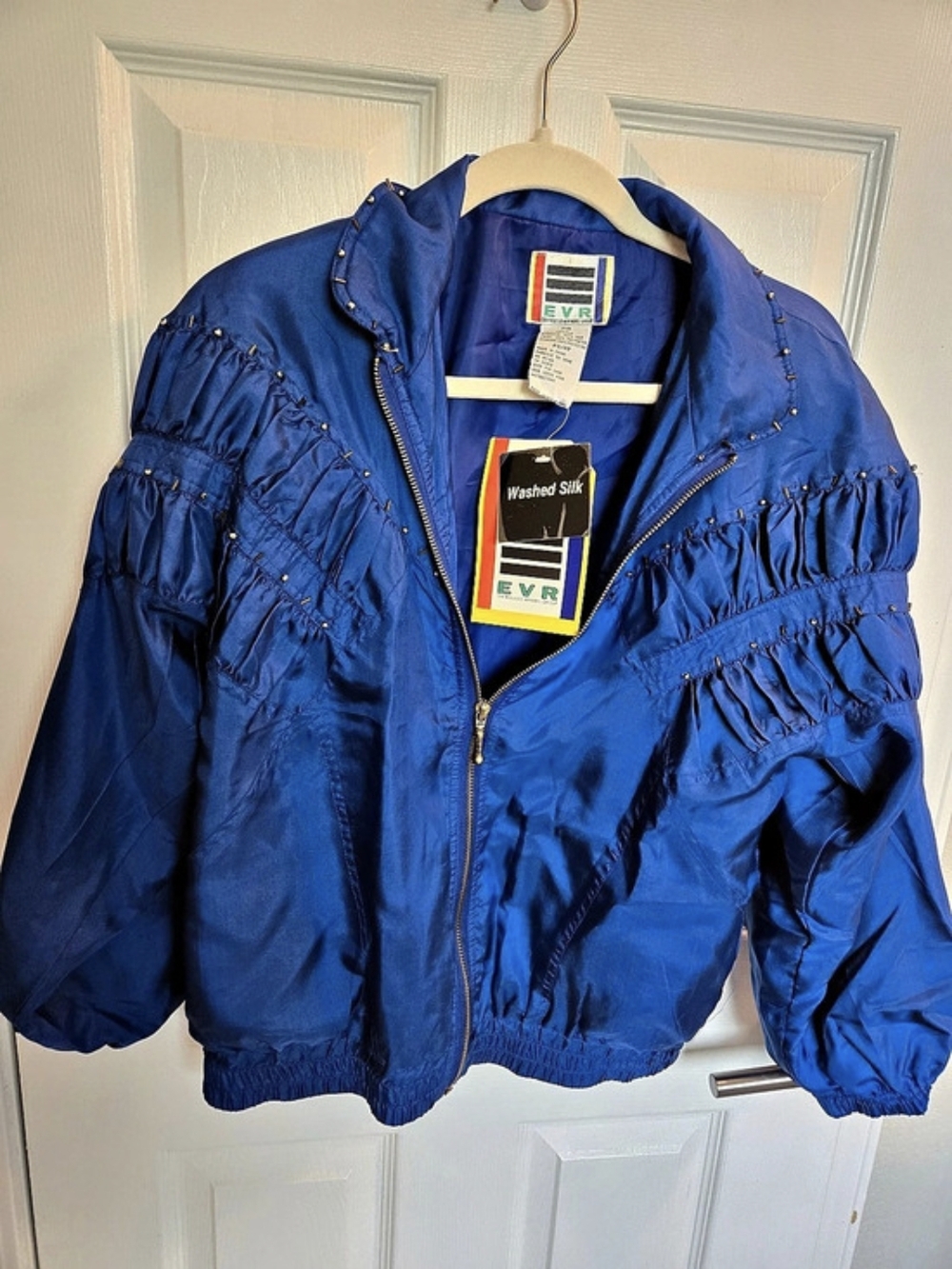 EVR Washed Silk Bomber Jacket in Blue Size Small NWT